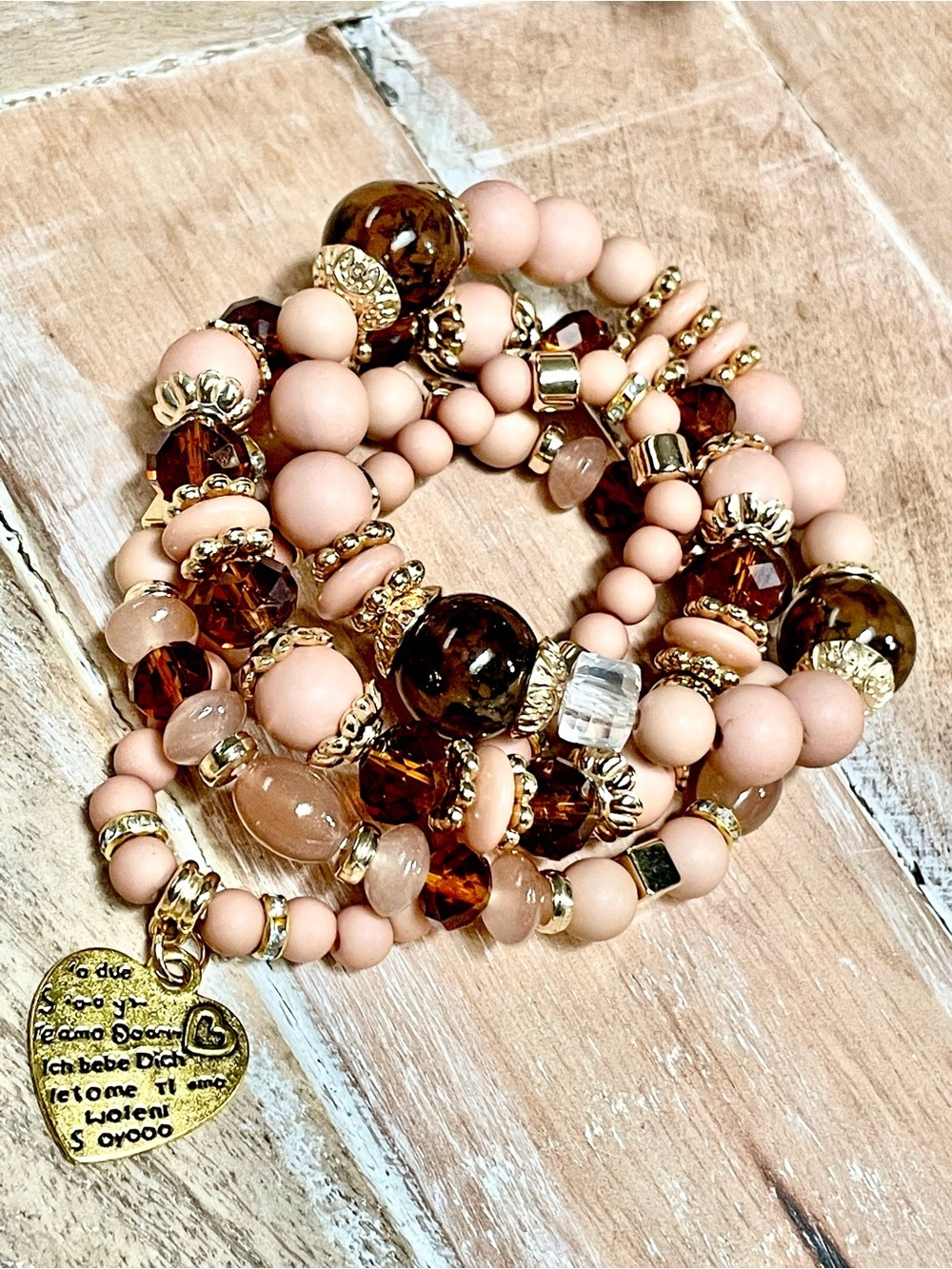Blush Beige Pink and Amber Multi-Strand Beaded Bracelet